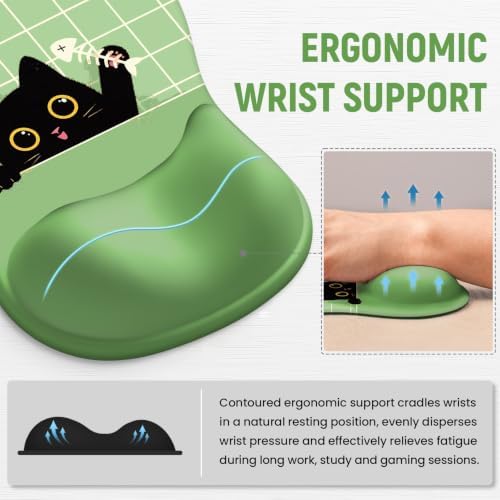 Ergonomic Mouse Pad with Wrist Rest, Gel Wrist Support, Green Cat