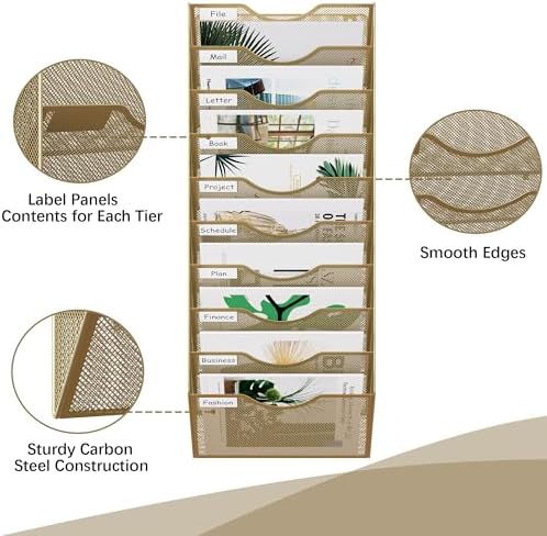 EasyPAG 10 Pocket Mesh Wall File Organizer, Hanging Paper Folder Holder with Classify Label, Vertical Wall Mount Mail Organizer for Office Home Classroom, Gold