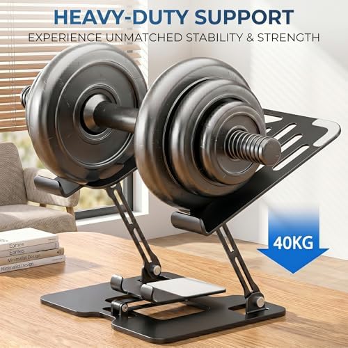 Adjustable Laptop Stand with Phone Holder, Ergonomic Alloy Steel Laptop Riser, Portable & Foldable Computer Stand for Desk, Compatible with MacBook Pro/Air All 10-18" Laptops (Black)