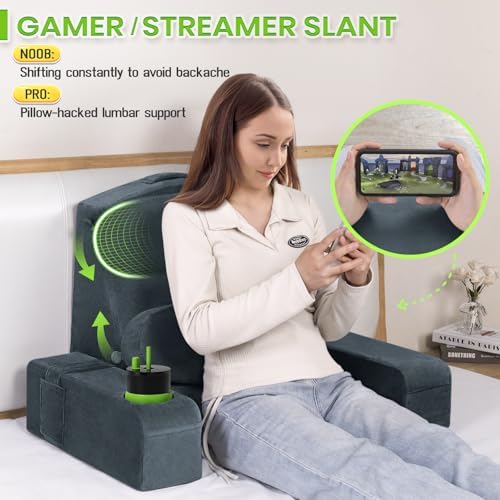 21 INCH Reading Pillow for Adults, Back Pillow for Bed Sitting Up, Backrest Pillow for Sitting in Bed, Detachable Arms with Built-in Cup & Phone Caddy (Dark Gray, 21 INCH)