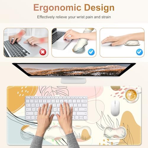 Gaming Mouse Pad Keyboard Wrist Support, 4 in1 Mousepad with Wrist Keyboard Rest, Computer Desk Mat, Non-Slip Desk Pad Protector with Memory Foam Easy Typing Pain Relief I Tree Leaf Boho Style