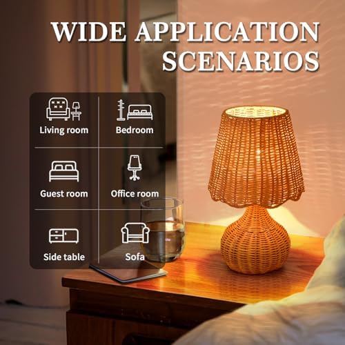 Ziqqeelam Rattan Table Lamp for Bedroom, Boho Small Table Lamps for Bedside, Farmhouse Mini Small Table Lamps for Small Spaces for Kitchen Counter, Bookshelf, Nightstand, Bedroom, Kids Dorm