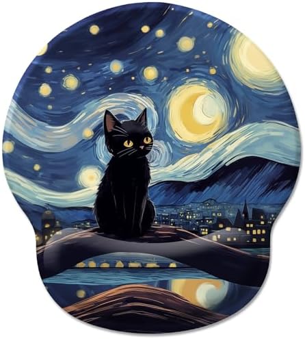 Hancynir Black Cat Starry Night Ergonomic Mouse Pad with Wrist Support