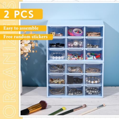 Wenqik 2 Pcs Mini Storage Drawers with 9 Clear Drawers, Blue