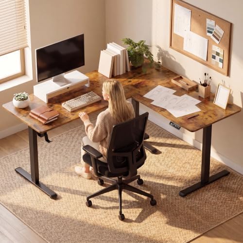 Furmax 63 x 55 Inch L Shaped Standing Desk with 2 Preset Heights, Electric Height Adjustable Computer Table, 2 Hooks & Feet Balance, Corner Sit Stand Desk for Home Office (Rustic Brown, 63 x 55 Inch)