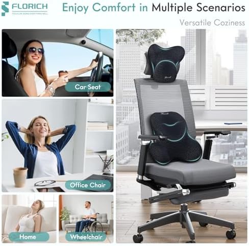 FLORICH Lumbar Support Pillow and Neck Headrest Pillow for Office Chair Car, Ergonomic Memory Foam, Relieves Neck, Back Pain, Pressure-Relieving Back Support for Car, Office Chair & Wheelchair – Black