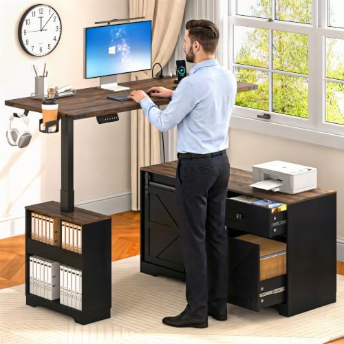 St.Mandyu L Shaped Electric Standing Desk 55" Black with Power & Storage