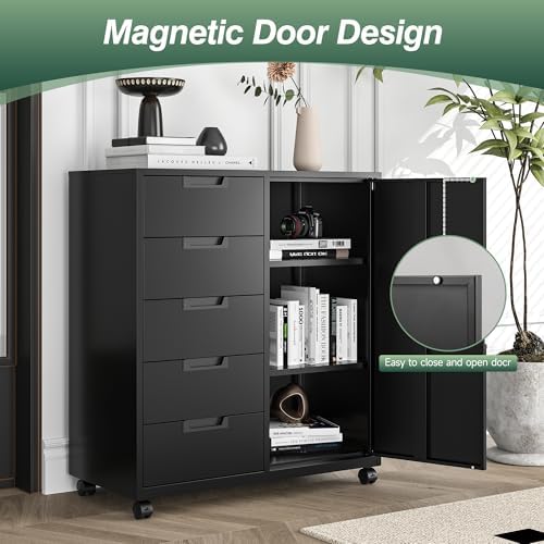 MIIIKO 5 Drawer Storage Cabinet with Door and Shelf, Mobile Lateral Cabinet on Wheels, Office Small Organizer Printer Stand, Black File Cabinets