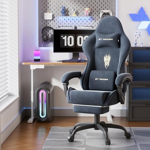 Ferghana Velvet Fabric Gaming Chair, High Back Ergonomic Gamer Chair for Adult, Comfortable Video Game Chair with Footrest and Massage Lumbar Cushion, Racing Reclining Office Computer Desk Chair Grey