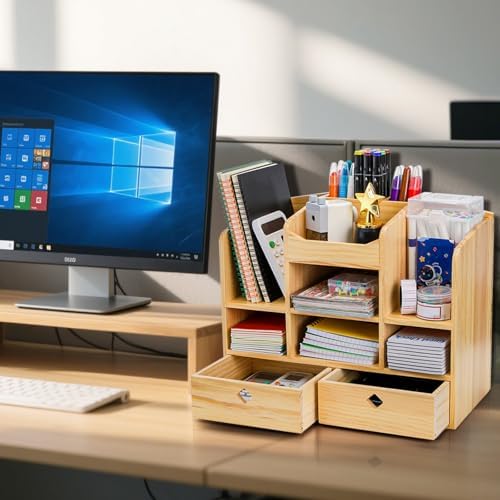 Wooden Desk Organizer with Drawers, 10 Compartments