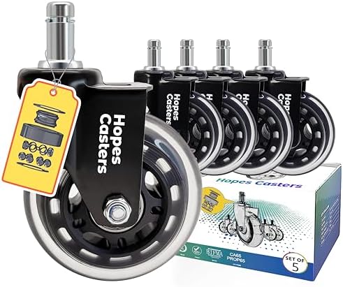 HOPES Office Chair Wheels Replacement Set of 5 – Heavy Duty Rubber Casters, Smooth & Quiet Rolling for Hardwood Floors and Carpet, Universal Stem, No Floor Mat Needed (Black, 3inch-660lbs)