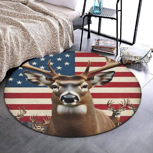 Fashion Round Area Rug Large Non Slip Carpet, American US Flag Hunting Deer Unisex Home Decor Mat