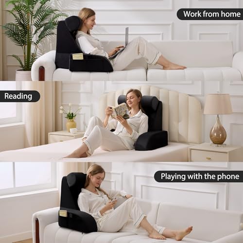 21" Reading Pillow for Bed with Back Support & Big Pockets, Black