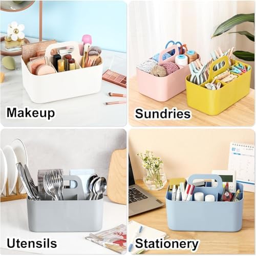 Multiuse Caddy Organizer with Handle, Portable Divided Plastic Tote Bin - Art Craft, Stationary Pen Marker Crayons, Makeup Hair Supplies Storage - Bathroom, Classroom, Dorm, Office, Desk Holder -White