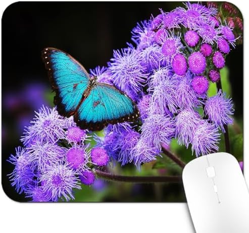 9.5x7.9 Inch Office/Gaming Mouse Pad, A Blue Morpho Butterfly on Purple Flowers Blooms Cute Anti-Slip Mat for Desk