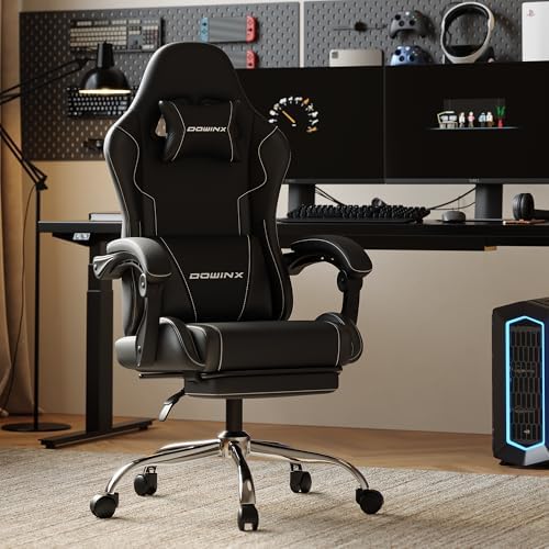 Ergonomic Gaming Chair with Footrest, Heavy Duty 330lbs Office Chair, Massage Lumbar Support, Adjustable Height & Headrest Pillow, Comfortable for Back Pain Relief, Streaming, Long Gaming, Black