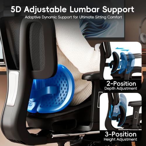 Vonesse Ergonomic Office Chair with Footrest, Desk Chairs with Dynamic Lumbar Support & Adjustable Depth Breathable Mesh Seat, Computer Gaming Chair with Adjustable 3D Headrest and Armrests (Black)