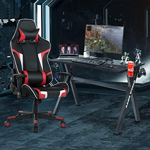 GYMAX Gaming Chair, Massage Gaming Chairs for Adults with Headrest, Lumbar Support & Armrest, Video Computer Reclining Gaming Chair, Office Desk Gamer Task Chair (Red with Black X-Shape Desk)