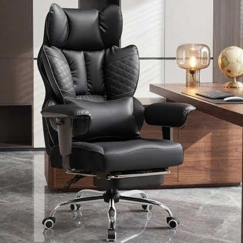 GTPOFFICE Big and Tall Office Chair 400LBS Wide Seat Computer Gaming Chair with Footrest & Comfy Lumbar Support, Leather High Back Executive Chair with Ergonomic Pressure Relief Seat Cushion, Black