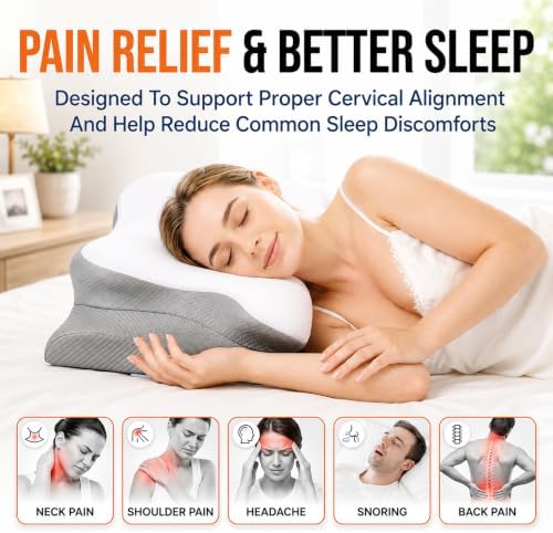 Cervical Neck Pillow for Pain Relief, Memory Foam Contoured Orthopedic Pillow for Sleeping, Dual Height 5.5/3.7 Neck Shoulder Arm Support – Ergonomic Cooling Pillow Side Back Stomach Sleepers