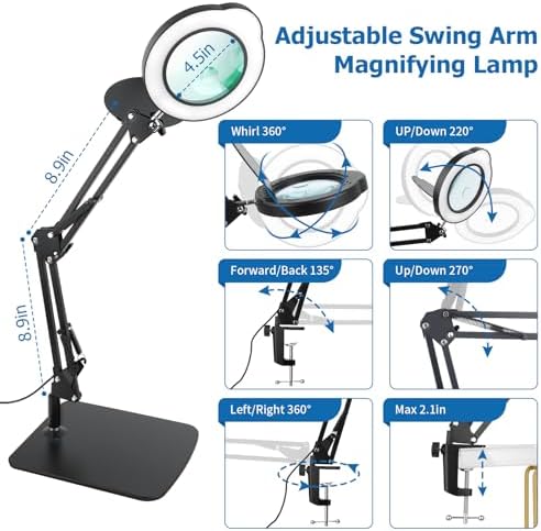 15X 30X Magnifying Glass with Light and Stand, LED Desk Lamp with Base and Clamp, 5 Color Mode, 10 Dimmable Levels, Hands-Free Magnifying Glasses for Close Work, Reading, Crafts, Jewelry