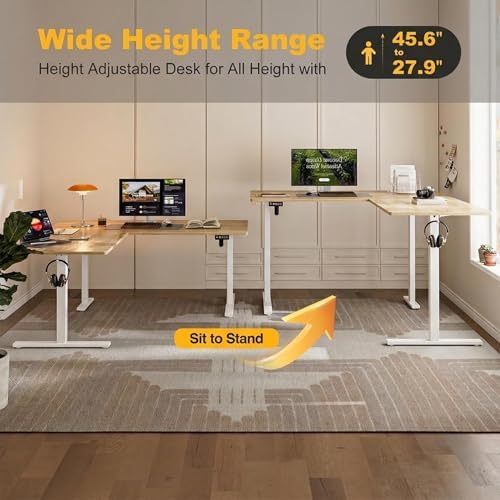 Grandder 75 x 61 Inch L Shaped Standing Desk, Electric Height Adjustable Corner Stand Up Desk, Sit Stand Corner Table Home Office Table, Oak Top White Frame