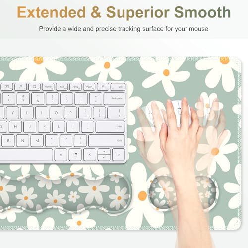 Desk Mat Gaming Mouse Pad, Cute Desk Matt Keyboard Wrist Rest for Desktop, Anti-Slip Big Mousepad Stitched Edges, XXL Large Mouse Pad with Wrist Support for Home Office Computer I Morandi Daisy