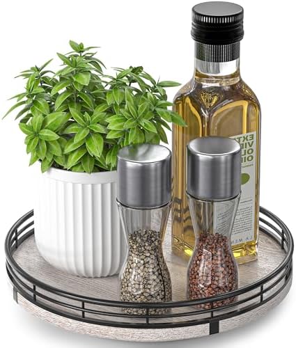 AMH 9-Inch Rustic Whitewashed Wooden Lazy Susan Organizer