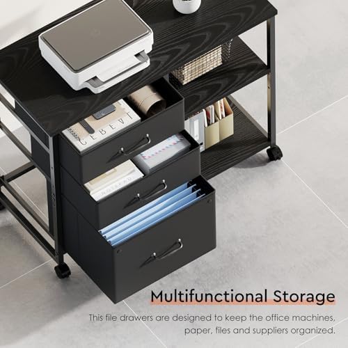 Maihail 3 Drawer File Cabinet with Wheels with Open Storage Shelf, Black