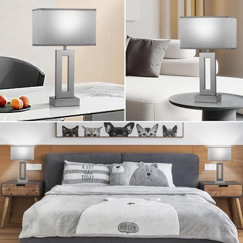 Seealle Bedroom Table Lamps Set of 2 - Grey Touch Bedside Lamps with USB C+A, 3 Way Dimmable Gold Lamp for Nightstand, Modern Night Stands Lamps for Living Room End Tables