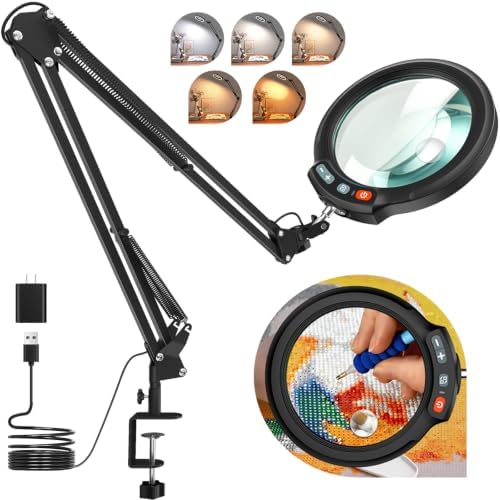 30X 12X Large Magnifying Glass with Light and Clamp, 5-Inch Optical HD Lens