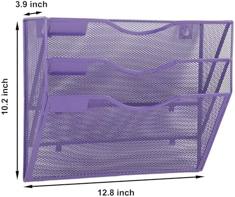 EASEPRES 3 Pocket Mesh Hanging Wall File Organizer, Wall Mounted Mail Paper Document Folder Holder, Clipboard Storage Organization Magazine Rack with Nametag Label for Office School Home, Purple