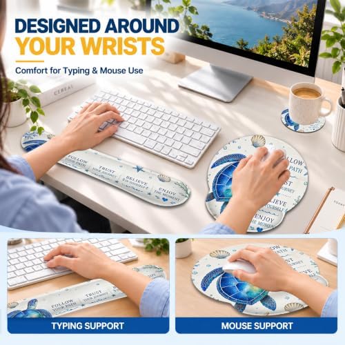 3 Piece Wrist Rest Mouse Pad Set with Keyboard Support Blue Sea Turtle
