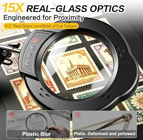 15X Magnifying Glass with Light, Stand & Clamp, Ultra Long 3-Section Swing Arm LED Magnifying Lamp, Dimmable with 5 Color Modes, Hands Free Desk Lamp for Workbench, Repair, Close-Up Work
