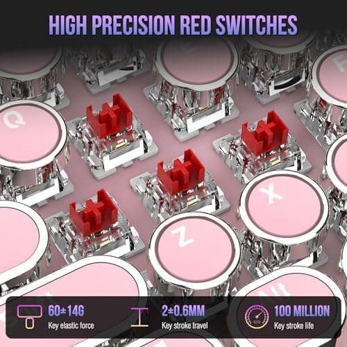 Typewriter Mechanical Gaming Keyboard with RGB Backlit Red Switches, 104 Keys Retro Round Keycap, Wired Typewriter Style Comfortable Typing Soud (Pink)