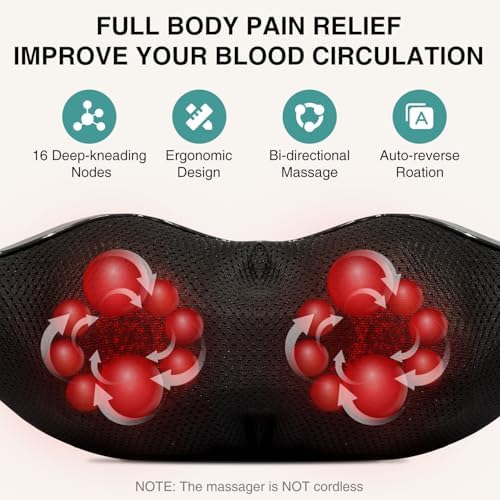 Nekteck Shiatsu Neck Massager with Heat for Pain Relief, Gray, NOT Cordless