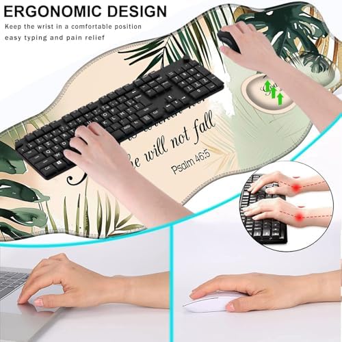 Mouse Pad with Wrist Support + Desk Mat + Coaster 3 in 1 Set, XXL Large Gaming Mousepad Ergonomic Mouse Pads for Desk Computer Laptop Office,Matcha Green Plant Abstract Bible Verse Psalm 46-5
