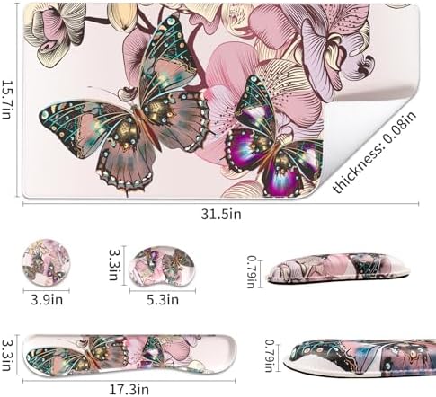 QiyI PU Leather Desk Mat Set, 4-in-1 Ergonomic Wrist Rest, Butterflies