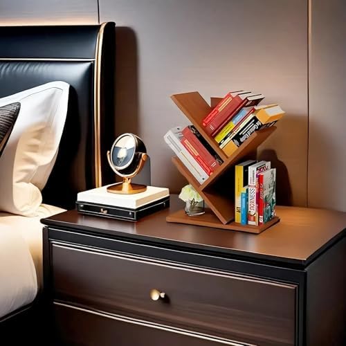 Small Bookshelf,3 Tier Wood Mini BookShelf,Tree Book shelf,Teak color