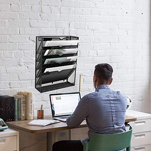 EASEPRES Desk File Organizer Mesh 6-Tier, Hanging Wall Mount Document Organization Stand, Desktop Vertical Mail Paper Folder Holder Rack with Bottom Tray for Office Home Cubicle, Sides Closed, Black