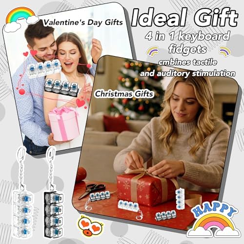 2 PCS Clear & Black Keyboard Fidget Toy, Keyboard Fidget Keychain 4-in-1 Keyboard Decompression Button Finger Clicker Toys, Button Stress Relief Fidget Gifts to Relief Stress (General)
