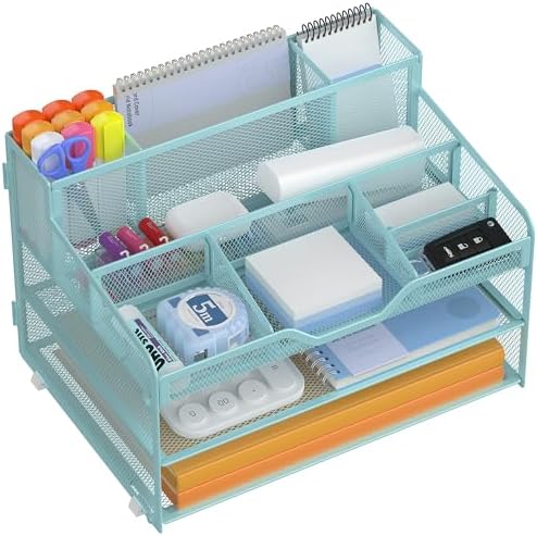 Docnest 3 Tier Mesh Desk Organizer with Letter Tray & Paper Sorter, Blue