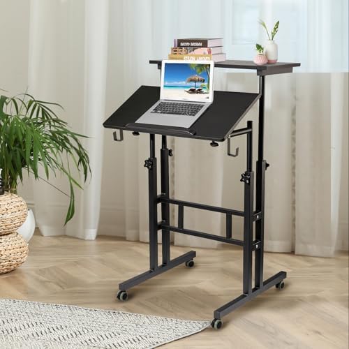 SIDUCAL Mobile Standing Desk, Portable Stand Up, Small Adjustable Converter with Wheels Home Office Workstation, Rolling Desk Laptop Cart for Standing or Sitting, Black