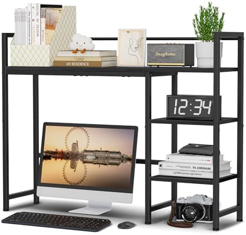 Snughome Desk Shelf, 38.6" Desk Hutch for Computer Monitor, Desktop Organizer Shelf, 4 Tier Desk Display Rack, Wood Desktop Bookshelf Storage Rack for Home Office Dorm, Black