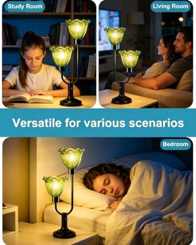 Lightdot Green Glass Flower Table Lamp for Bedroom Vintage Dimmable Lamp