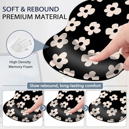 Ergonomic Keyboard and Mouse Wrist Rest Set, Abstract Black Flower Mouse Pad with Non Slip Base, Soft Cloth Surface for Office and Home Typing Support