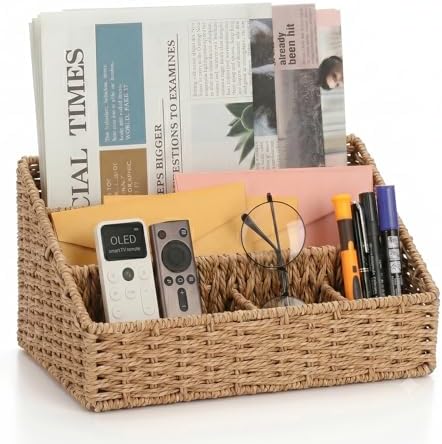 Mail Organizer for Desk - Countertop Mail Sorter & Magazine Holder, Brown Desk Organizer with 5 Compartments for Letters, Bills, Office Supplies, 12.7'' L x 6.3'' W x 7.1" H