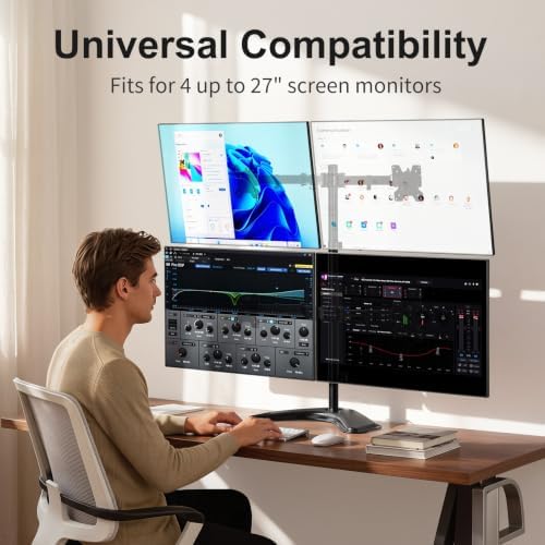 WALI 4 Monitor Stand for 13-27 inch Computer Screens up to 17.6lbs,Adjustable Quad Monitor Mount, Free Standing 4 Monitor Mount Full Motion with Tilt, Rotation, VESA Mount 75/100mm (MF004), Black
