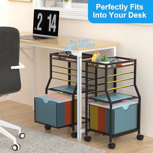 BOHDK Rolling File Cart, 6-Tier Desk File Organizer on Lockable Wheels, Brown Wood Planks & Mesh Sliding Hanging Folder Drawer, Organization Cart for Office Home School