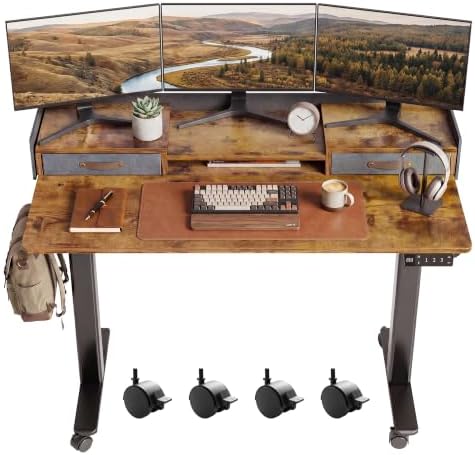 Claiks Standing Desk with Drawers & Wheels, 2 Height Shelf 48" Rustic Brown
